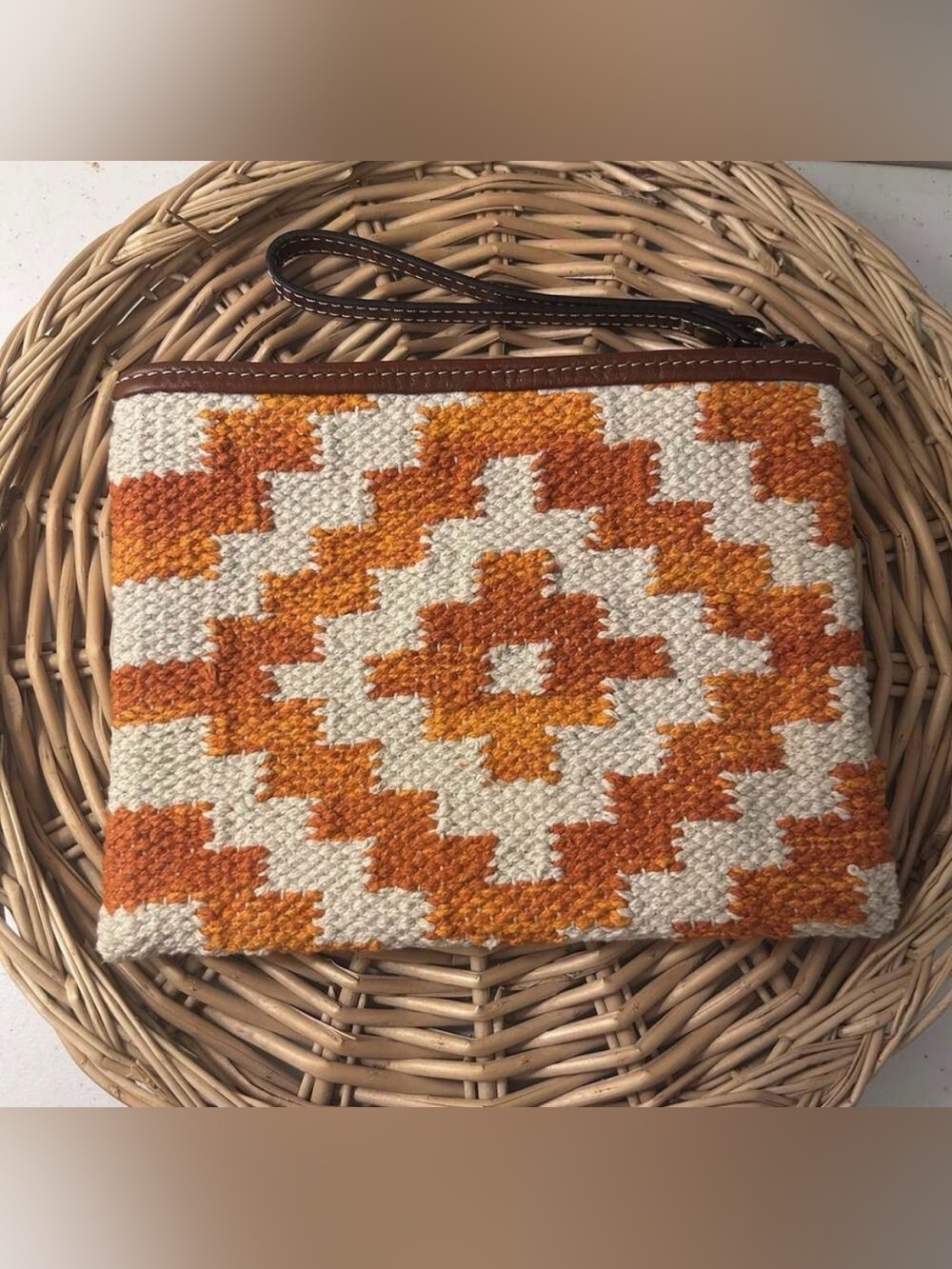 Patricia Nash Ballari Wristlet Purse Koi Orange Chevron Aztec Leather Strap